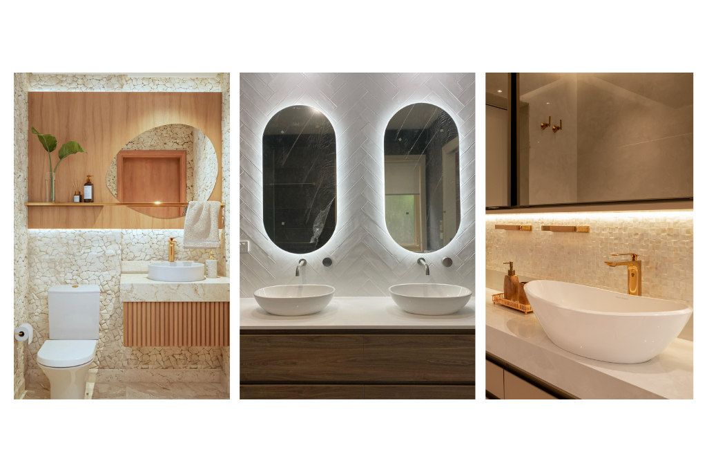 mosaico com 3 imagens mostrando projetos de lavabo com um espelho. ambos os lavabos possuem um produto Doka