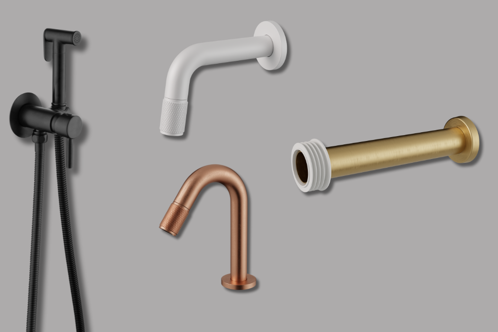 imagem com fundo cinza onde 4 produtos estão em png: uma ducha higiênica na cor preta, uma torneira fria de parede na cor branca; uma torneira fria de bancada na cor rose gold e um acabamento para válvula de descarga na cor dourada.