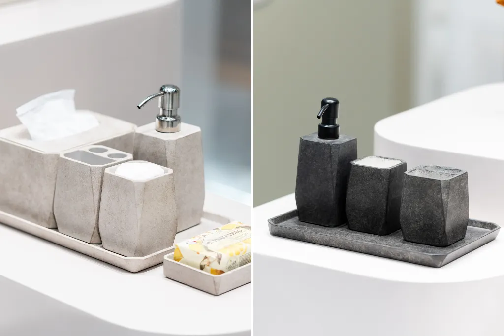 acessórios para lavabo da coleção geostone, expostos na expo revestir 2025, no estande da doka