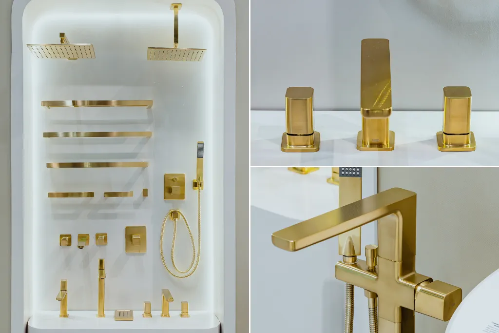 metais rivvo na cor dourado escovado, expostos no estande da doka, na expo revestir 2025