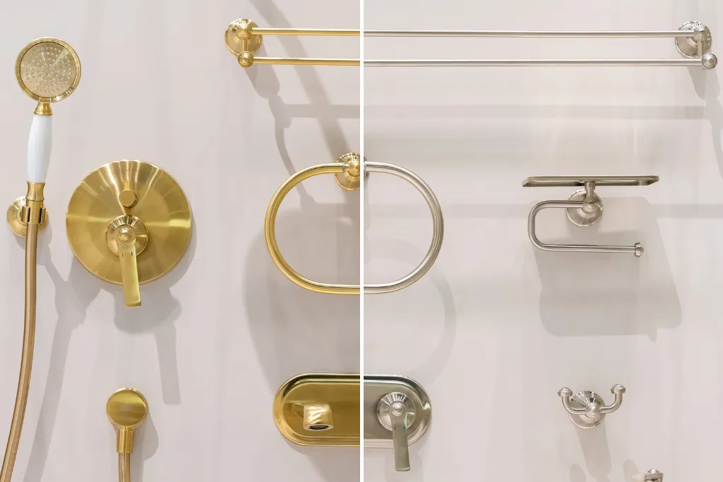 metais ever dourado escovado e nickel escovado, expostos no estande da doka, na expo revestir 2025