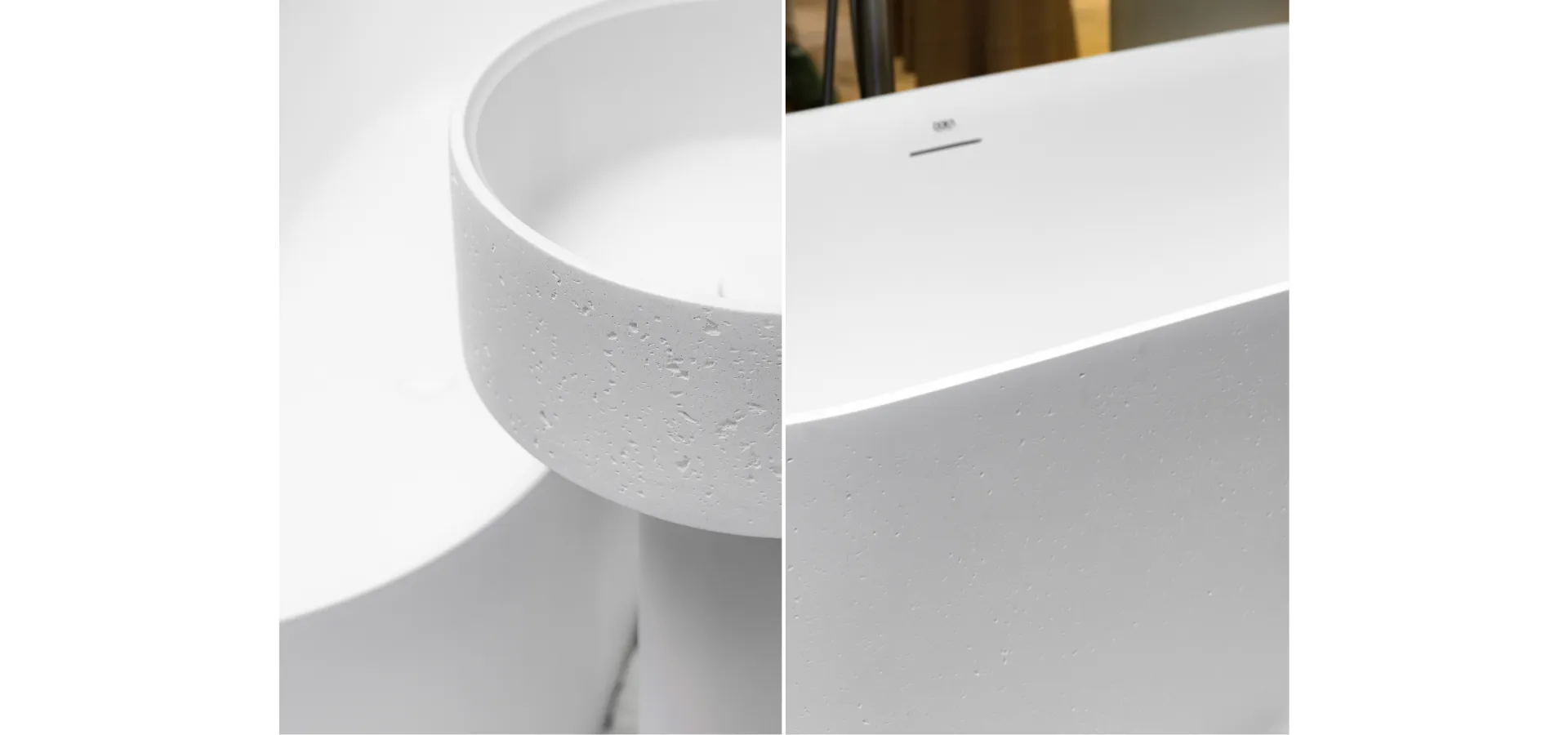 Composição de dois detalhes em close-up dos produtos Doka em acabamento Moon. À esquerda, detalhe da borda da Cuba Geostone Moon, evidenciando a textura porosa e rústica que remete à pedra natural esculpida. À direita, detalhe da borda superior da Banheira Navona Moon, mostrando a mesma textura mineral delicada e o discreto logotipo da marca na face interna. O acabamento de ambas é um branco suave e opaco.