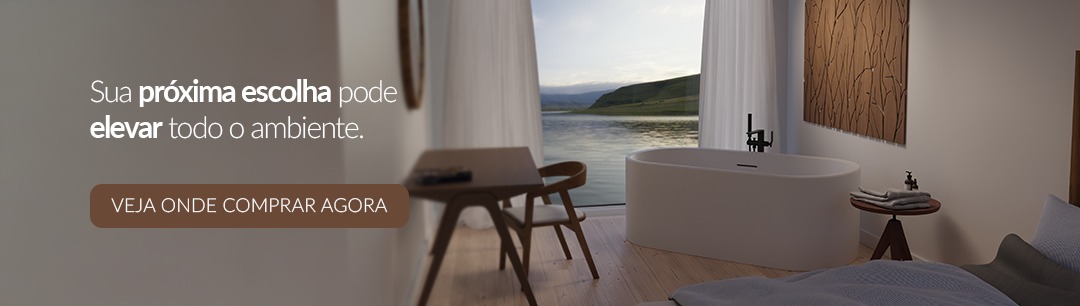 Banheira minimalista em quarto com vista panorâmica para lago e montanhas, sugerindo exclusividade e bem-estar. Sua próxima escolha pode elevar todo o ambiente. CTA: VEJA ONDE COMPRAR AGORA