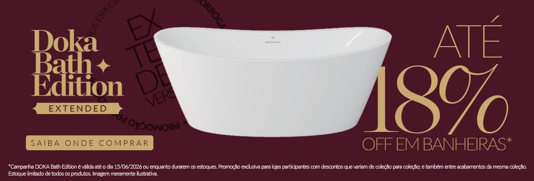 Banner de página de produto da campanha Doka Bath Edition Extended Version. Fundo vinho com banheira branca de design contemporâneo ao centro. À esquerda, logotipo "Doka Bath Edition Extended" em dourado e CTA "Saiba onde comprar". À direita, destaque "Até 18% OFF em Banheiras*". Rodapé com texto de regulamento.