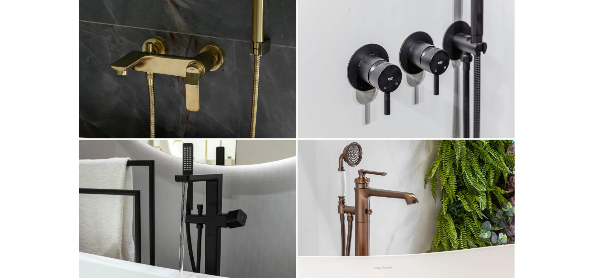 Mosaico com quatro opções de monocomandos para banheira freestanding da Doka Bath Works, ilustrando as diferenças entre bica e monocomando na hora de escolher: superior esquerdo, Monocomando de Parede Rainbow em dourado escovado com ducha manual, sobre revestimento de mármore escuro; superior direito, Monocomando Duplo Loop para chuveiro ou banheira em preto fosco com dois controles circulares embutidos e ducha manual, sobre parede branca; inferior esquerdo, Monocomando de Piso Rivvo em preto fosco com ducha manual e bica cascata, ao lado de banheira branca freestanding; inferior direito, Monocomando de Piso Ever em cobre envelhecido com ducha manual clássica, ao lado de banheira branca com jardim vertical ao fundo.