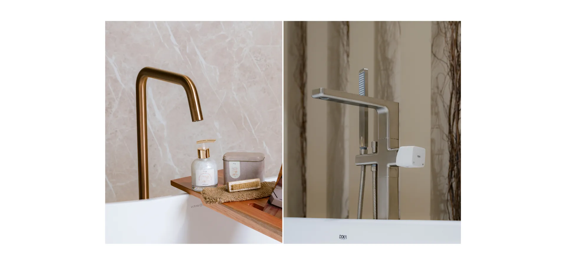 duas opções de metais para banheira freestanding Doka lado a lado: à esquerda, bica de piso para banheira Quantum em acabamento dourado escovado sobre banheira branca com bandeja de madeira; à direita, monocomando de piso para banheira Rivvo com ducha manual em acabamento escovado — imagem do artigo: bica ou monocomando para banheira freestanding