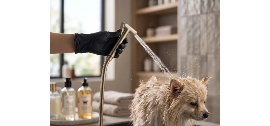 ducha higiênica Doka em acabamento dourado sendo usada para dar banho em cachorro de pelo longo em ambiente de petshop, com mão enluvada segurando o gatilho e jato de água direcionado ao animal