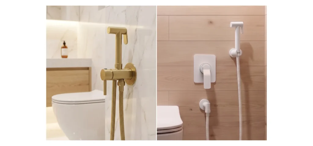 `dois modelos de ducha higiênica monocomando Doka lado a lado: à esquerda, acabamento dourado fosco em banheiro com revestimento de mármore branco e vaso sanitário suspenso; à direita, acabamento branco fosco com registro embutido em parede revestida com porcelanato amadeirado claro`