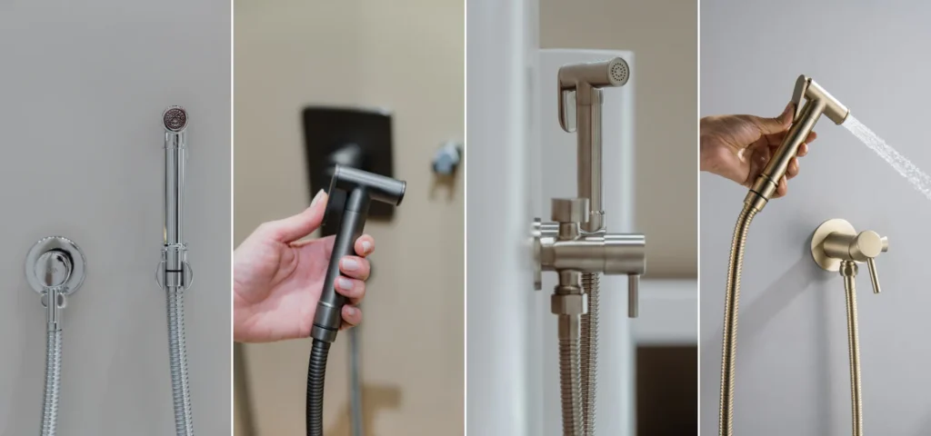 quatro modelos de ducha higiênica Doka exibidos lado a lado em diferentes acabamentos: cromado brilhante, preto fosco, escovado e dourado, todos com gatilho manual e mangueira flexível instalados na parede