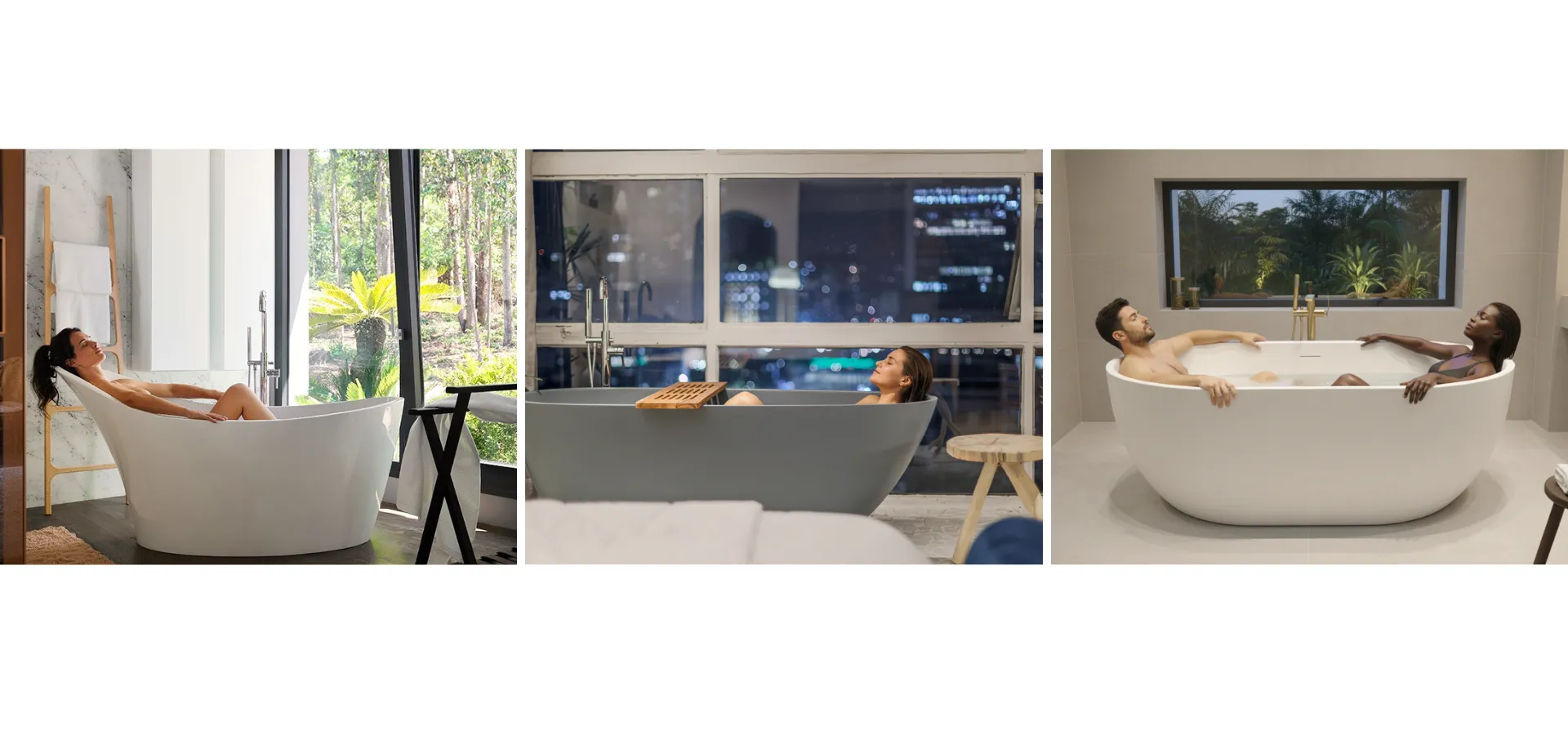 Três cenas de relaxamento destacando medidas de banheira de imersão para banheiro: à esquerda, mulher em banheira branca de imersão com encosto alto, posicionada perto de janela ampla com vista para árvores e jardim externo; ao centro, mulher em banheira cinza moderna, em apartamento com vista urbana iluminada à noite, acompanhada de apoio de madeira para acessórios; à direita, casal em banheira dupla branca, instalada em banheiro contemporâneo com revestimento claro e ampla janela que enquadra um jardim tropical