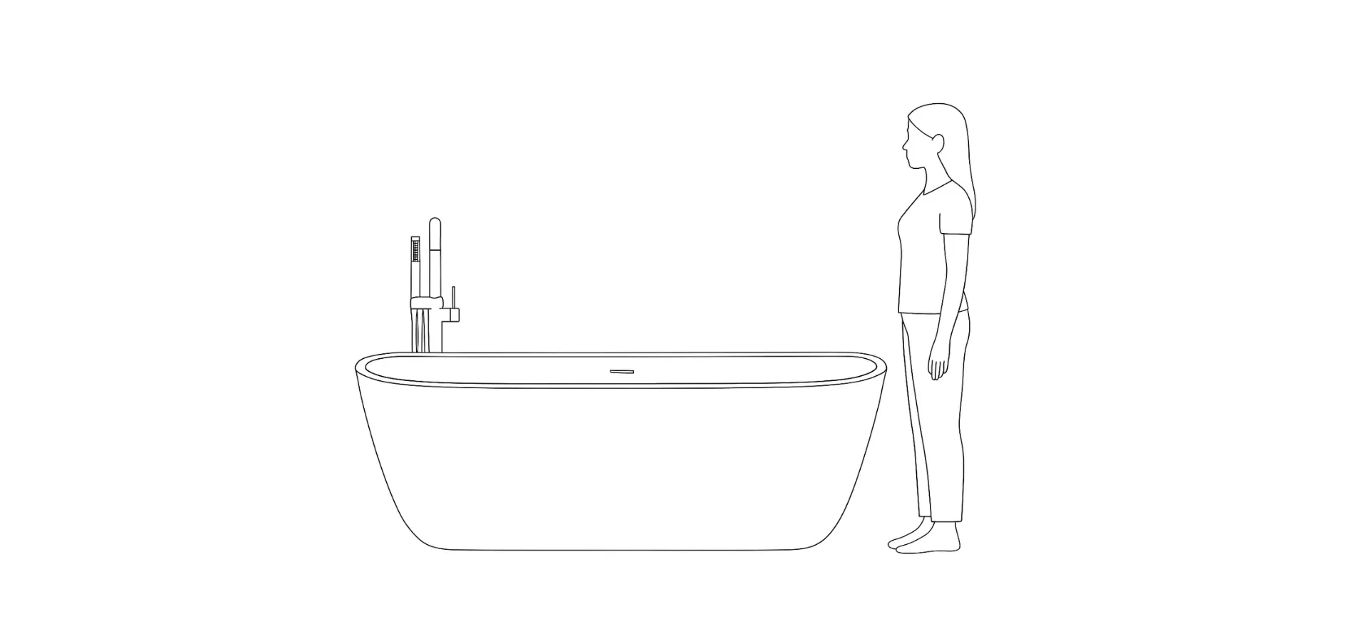Desenho em preto e branco mostrando uma banheira de imersão freestanding vista de perfil, com design arredondado e torneira de piso instalada à esquerda. Ao lado direito, está a ilustração de uma mulher em pé, de perfil, usada como referência de proporção e medidas de banheira de imersão para banheiro pequeno.