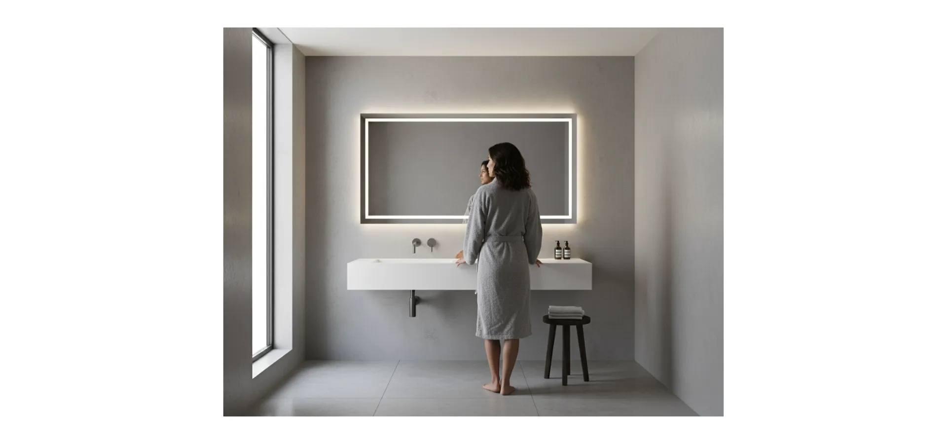 Sala de banho moderna em tons de cinza. Uma mulher de traços reais e cabelo escuro está de frente para um espelho retangular grande com iluminação LED ao redor. Uma bancada branca e suspensa com uma pia alongada e a torneira de metal cromado, conforme o modelo fornecido, está centralizada. Há um banquinho de madeira escura com toalhas dobradas à direita e uma janela alta e estreita à esquerda. O ambiente possui um piso de ladrilhos cinzas e paredes de cimento queimado, realçando o design minimalista.