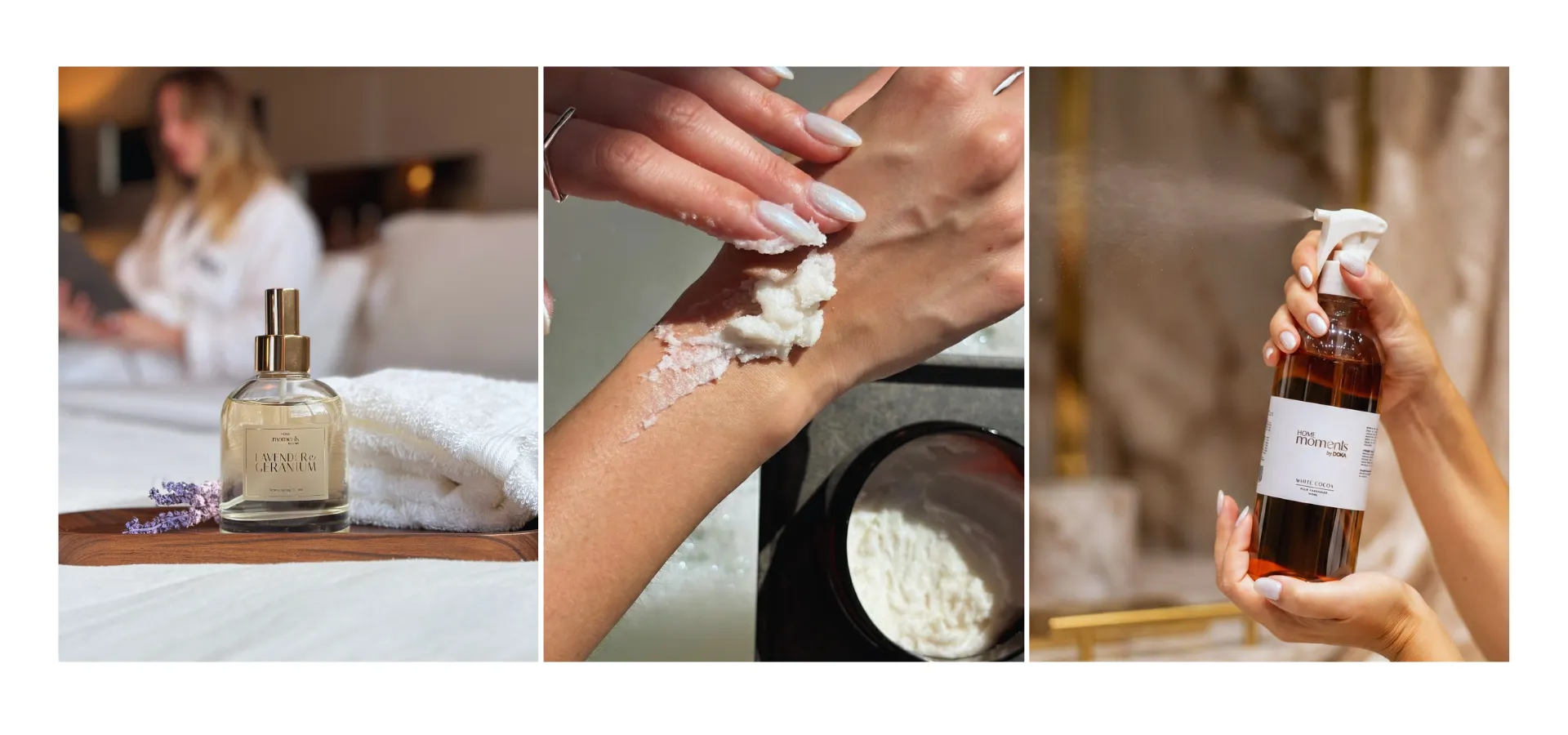 Composição de três imagens mostrando produtos Doka Home Spa: à esquerda, frasco de spray Lavender & Geranium sobre toalha branca com lavanda; ao centro, mãos aplicando esfoliante corporal cremoso; à direita, mão segurando frasco âmbar de água perfumada dispensador pump. plantas no banheiro