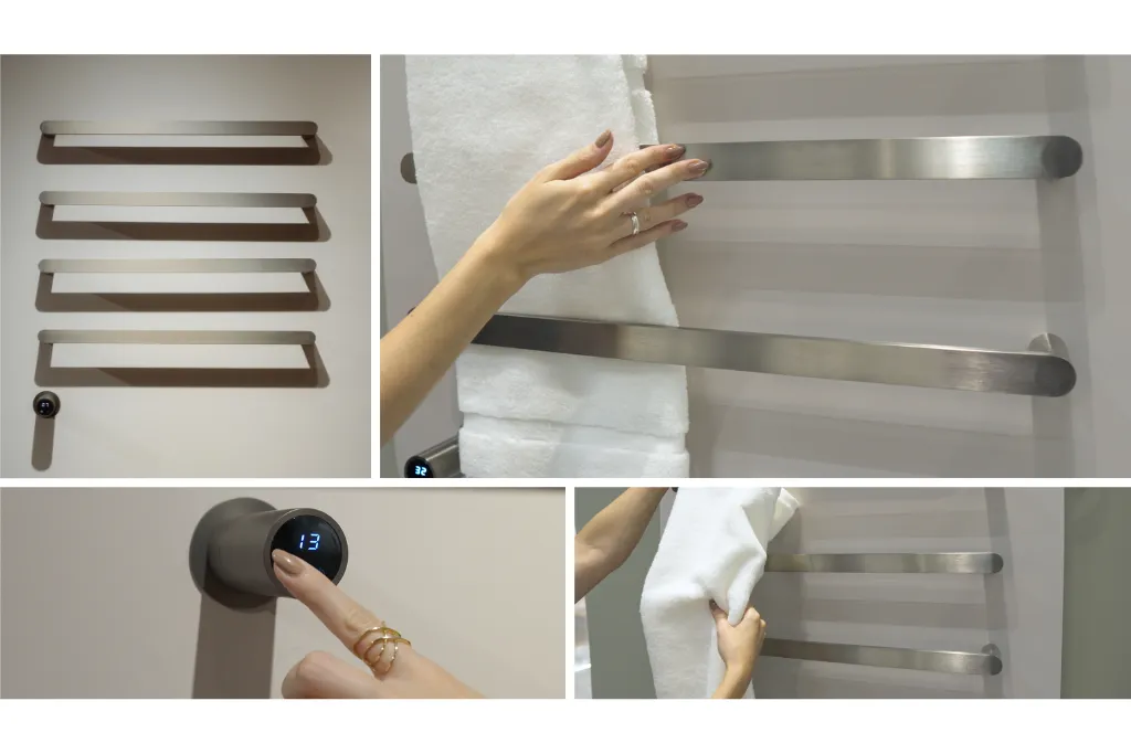Toalheiro aquecido em aço inox escovado, com controle digital de temperatura ajustável e demonstração de uso com toalhas, destacando a tendência de conforto, tecnologia e bem-estar em banheiros para 2026.