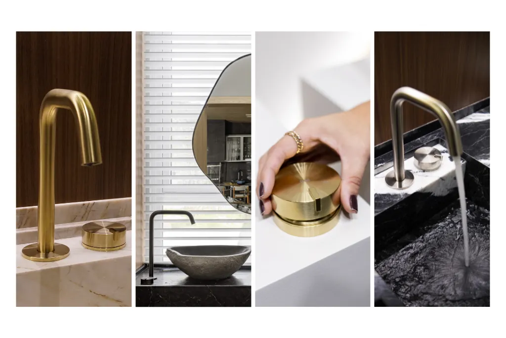 Montagem com quatro imagens de torneiras modernas para banheiro. À esquerda, torneira dourada com design minimalista sobre bancada de mármore claro. Na segunda imagem, torneira gunmetal de com cuba de pedra arredondada diante de janela com persiana. Na terceira, mão girando acionador dourado sobre bancada branca. À direita, torneira brushed nickel instalada em bancada de mármore preto com água corrente.