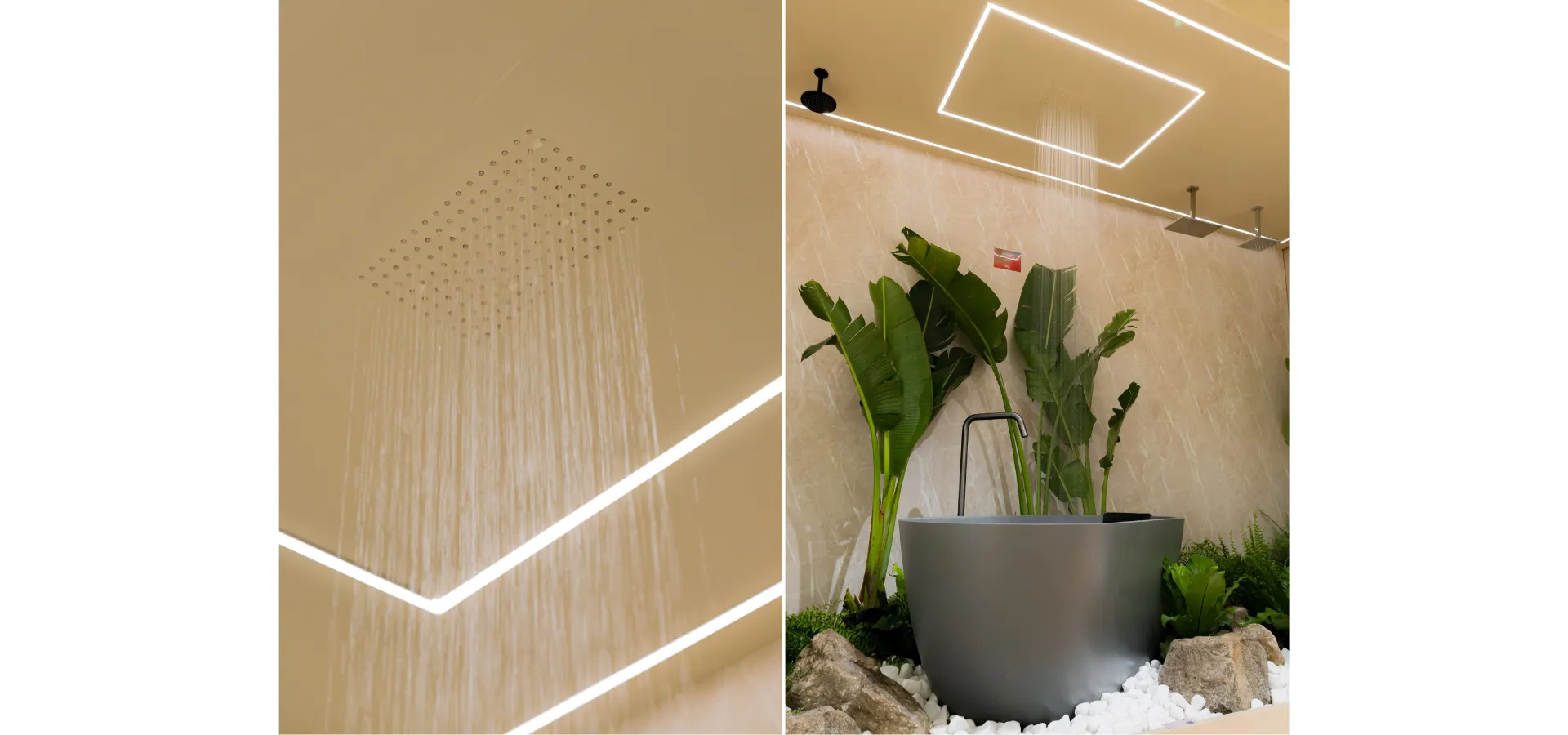 Banheiros modernos Doka 2026: à esquerda, detalhe do chuveiro Phantom embutido de teto em aço inox com jatos de água em cascata e iluminação linear embutida; à direita, banheira Texture Soho 150 em tom grafite fosco com torneira de piso preta, decorada com pedras naturais, seixos brancos e plantas tropicais em ambiente spa.