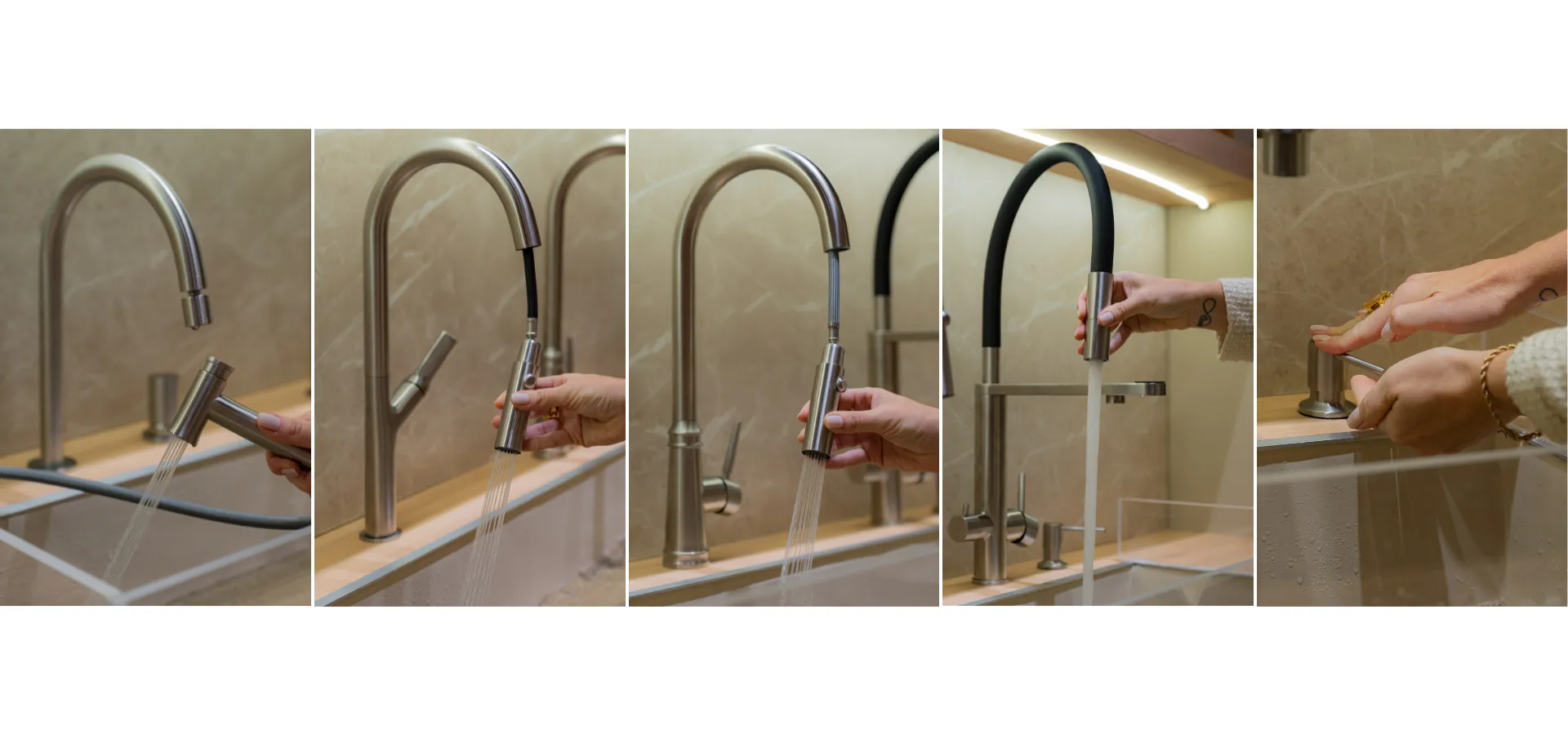 Cozinhas modernas Doka 2026: sequência de cinco detalhes dos monocomandos Doka Kitchen em uso — mão demonstrando o jato do Monocomando Modu com ducha manual retrátil; Monocomando Pull-Out Neora com ducha estendida em jato duplo; Monocomando Pull-Out Ferme com mangueira flexível preta e jato em leque; Monocomando para Filtro Aera com mangueira preta flexível vertendo água; e mãos acionando o Dispenser de Detergente de Embutir em inox escovado sobre borda da cuba.