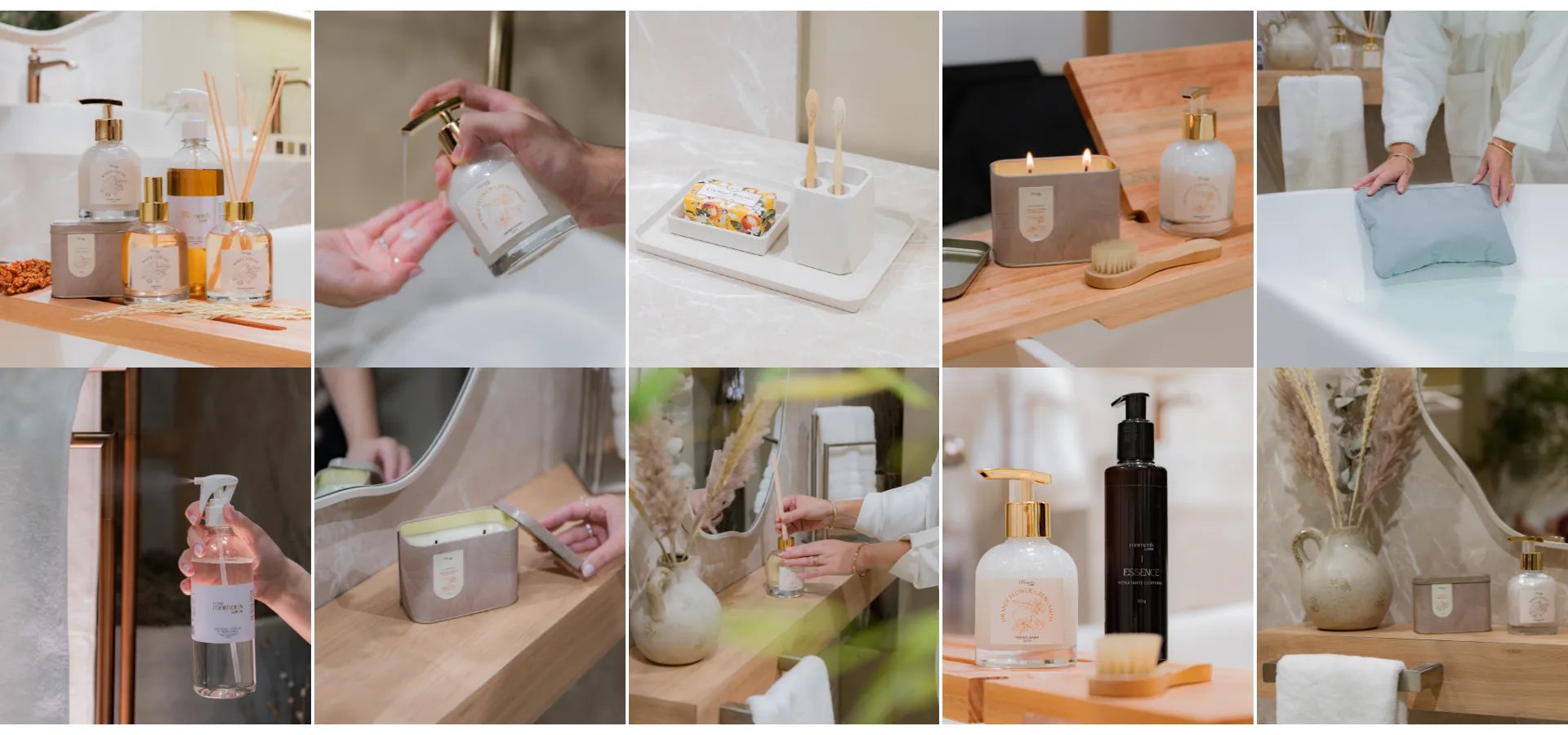 Banheiros modernos Doka Home Spa: mosaico com dez imagens dos produtos da linha — sabonete líquido, difusor de aromas e acessórios com embalagens em vidro e detalhes dourados sobre bancada de madeira; mão acionando pump do sabonete líquido; bandeja branca com sabonete em barra floral, porta-escovas e escovas de bambu; vela aromática em lata e frasco pump sobre suporte de banheira em madeira com escova seca; mão apoiando travesseiro de banheira azul na borda da banheira; mão segurando frasco spray de limpeza; vela aromática em lata sobre bancada de madeira ao lado de espelho redondo; mão acendendo vela em vaso de cerâmica com flores secas; sabonete líquido Essence em frasco escuro com detalhes dourados; e composição com difusor, vela e toalha sobre prateleira de madeira em ambiente spa.