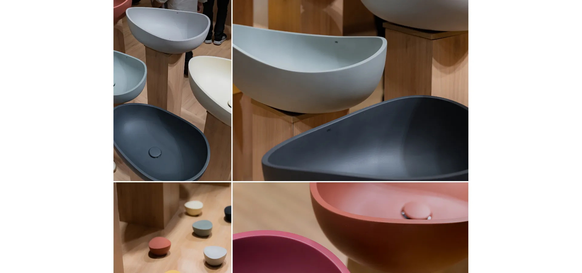 Banheiros modernos Doka 2026: detalhes da coleção GeoStone Nature Edition com quatro ângulos das cubas orgânicas em acabamento fosco nas cores rosa, vinho, azul acinzentado, grafite e terracota, exibindo o formato assimétrico de linhas suaves e o interior liso; detalhe dos cabides orgânicos arredondados no piso e close da cuba na cor terracota com válvula integrada da mesma tonalidade.