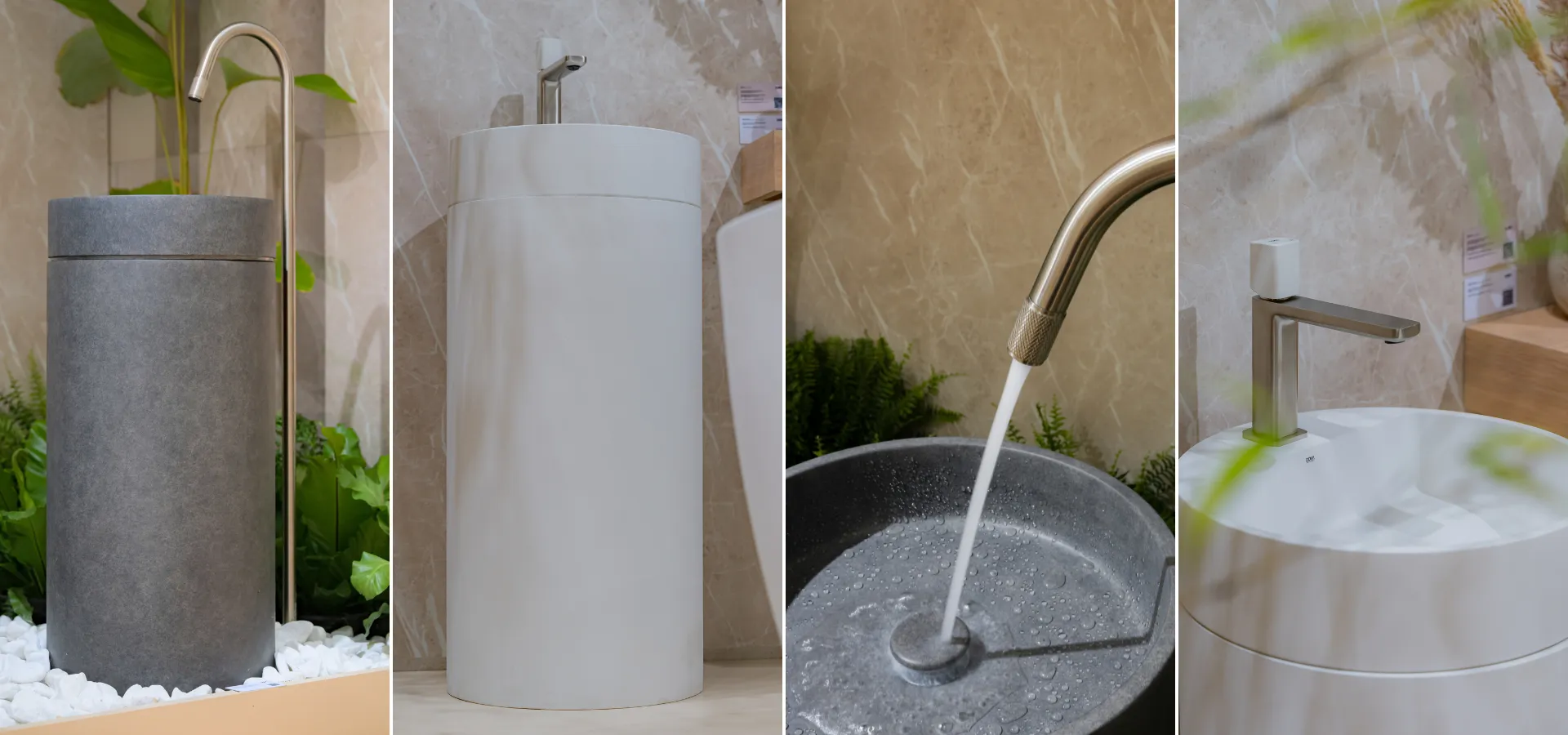 Banheiros modernos Doka 2026: sequência de quatro fotos das cubas GeoStone Doka — à esquerda, Cuba de Piso Redonda GeoStone em acabamento grafite texturizado com torneira de piso em aço escovado curvo, cercada por pedras e plantas; ao centro, Cuba de Piso Redonda com Mesa GeoStone na versão branca fosca com torneira quadrada em inox escovado; em detalhe, torneira com acabamento dourado escovado vertendo água sobre a cuba grafite; e à direita, vista superior da cuba branca com torneira quadrada compacta em ambiente com vegetação.