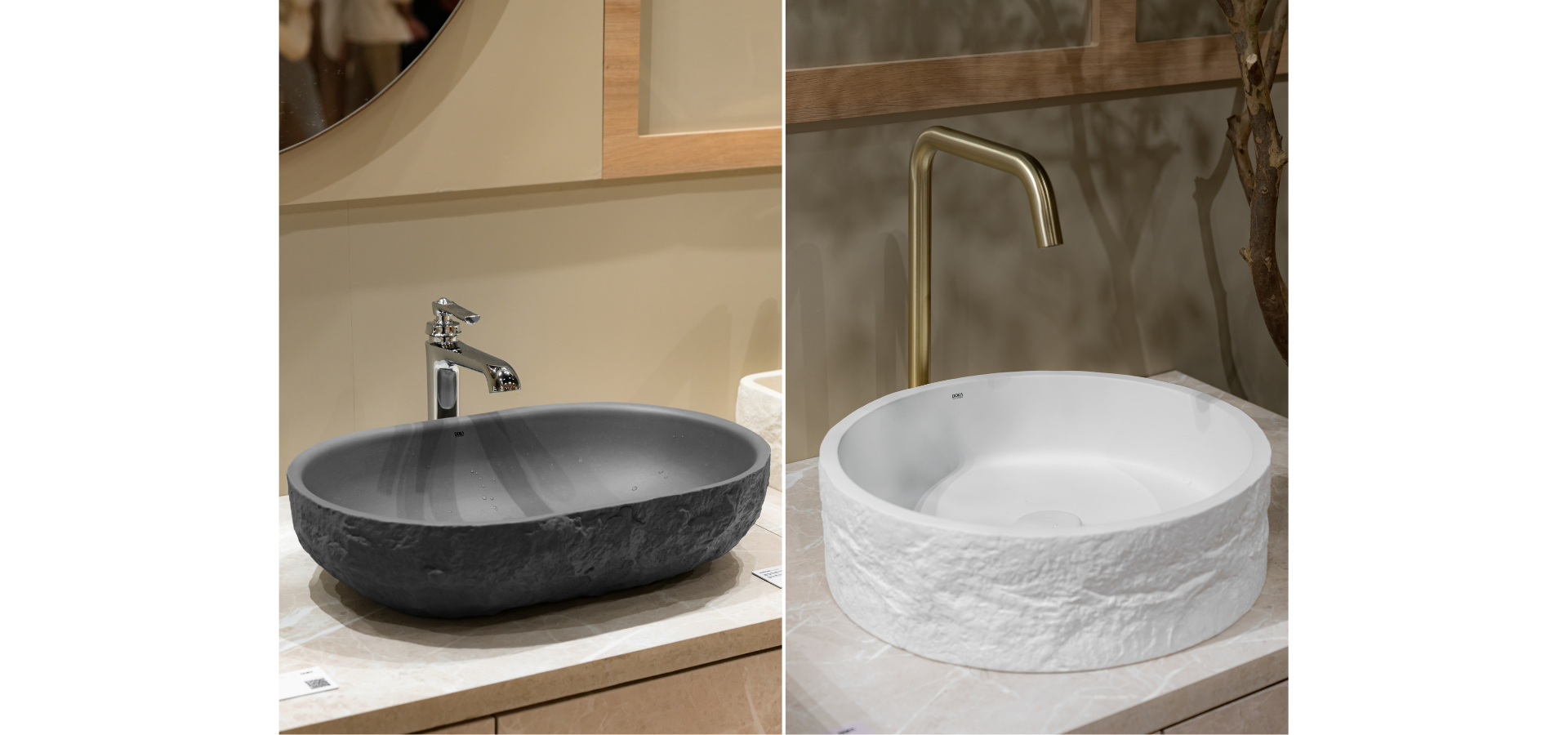 Banheiros modernos Doka 2026: à esquerda, Cuba de Apoio Elíptica Rock GeoStone em cinza grafite com textura que imita pedra bruta, sobre bancada em mármore claro com torneira monocomando cromada e espelho redondo ao fundo; à direita, Cuba de Apoio Redonda Rock GeoStone na versão branca com exterior em relevo rústico estilo pedra talhada, interior liso e torneira de bica alta em dourado fosco, sobre bancada em porcelanato bege.