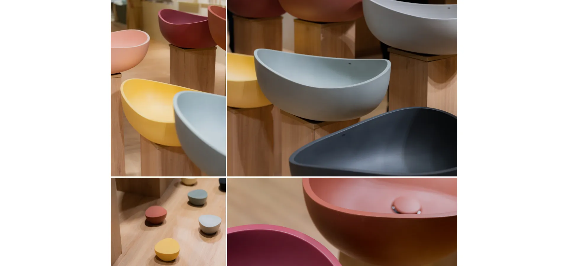 Banheiros modernos Doka 2026: detalhes da coleção GeoStone Nature Edition com quatro ângulos das cubas orgânicas em acabamento fosco nas cores rosa, vinho, amarelo, azul acinzentado, grafite e terracota, exibindo o formato assimétrico de linhas suaves e o interior liso; detalhe dos cabides orgânicos arredondados no piso e close da cuba na cor terracota com válvula integrada da mesma tonalidade.