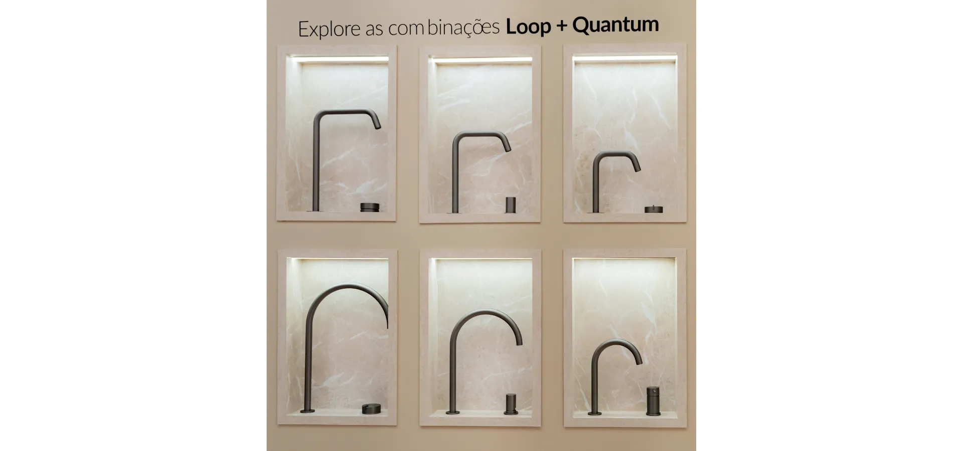 Banheiros modernos Doka 2026: painel expositivo com seis combinações da coleção Loop e Quantum Doka em acabamento preto fosco, apresentando diferentes alturas e formatos de bica — reta alta, curva média e arco fechado — combinadas com acionamentos Quantum cilíndricos separados, todas exibidas em nichos individuais iluminados com fundo em mármore claro, sob a frase 'Explore as combinações Loop + Quantum'.