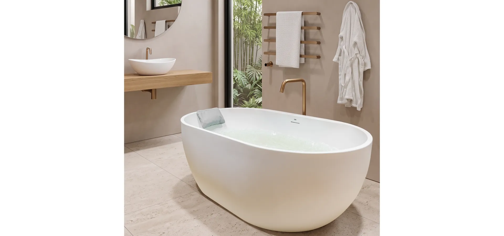 Banheira de imersão freestanding Doka modelo Laamu X em Matt White preenchida com água em sala de banho de alto padrão com paleta neutra em tons de areia e bege. Ambiente com piso em pedra clara, bancada suspensa em madeira com cuba de apoio branca, bica de piso em dourado, toalheiro escalonado em madeira, roupão pendurado e abertura com vista para vegetação de bambu.