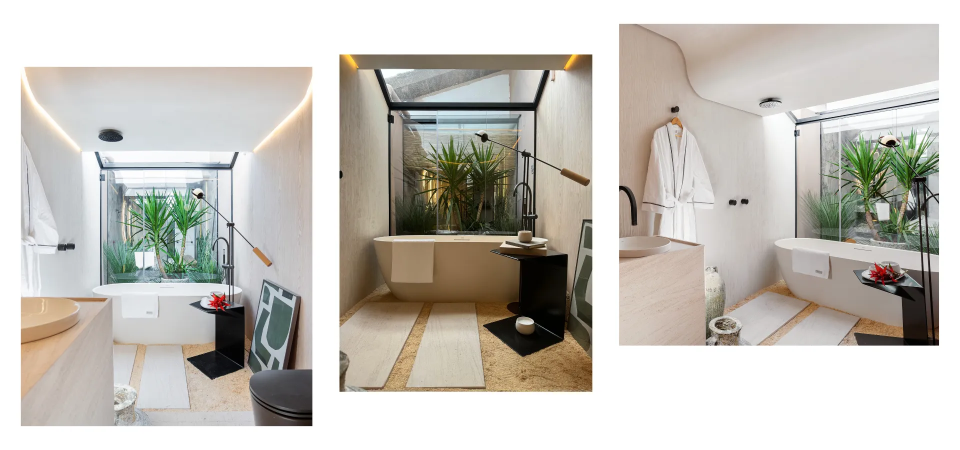 Banheira de imersão freestanding Doka linha Texture modelo Soho 170 na cor Off-White em sala de banho biofílica com jardim interno visível através de esquadria metálica preta e claraboia. Três ângulos do ambiente com piso em pedra natural, tapete de fibra, bancada orgânica com cuba arredondada, luminária articulada preta, roupão branco e plantas yuca em destaque. Superfície texturizada em PowerStone integrada a composição de natureza e luz natural.