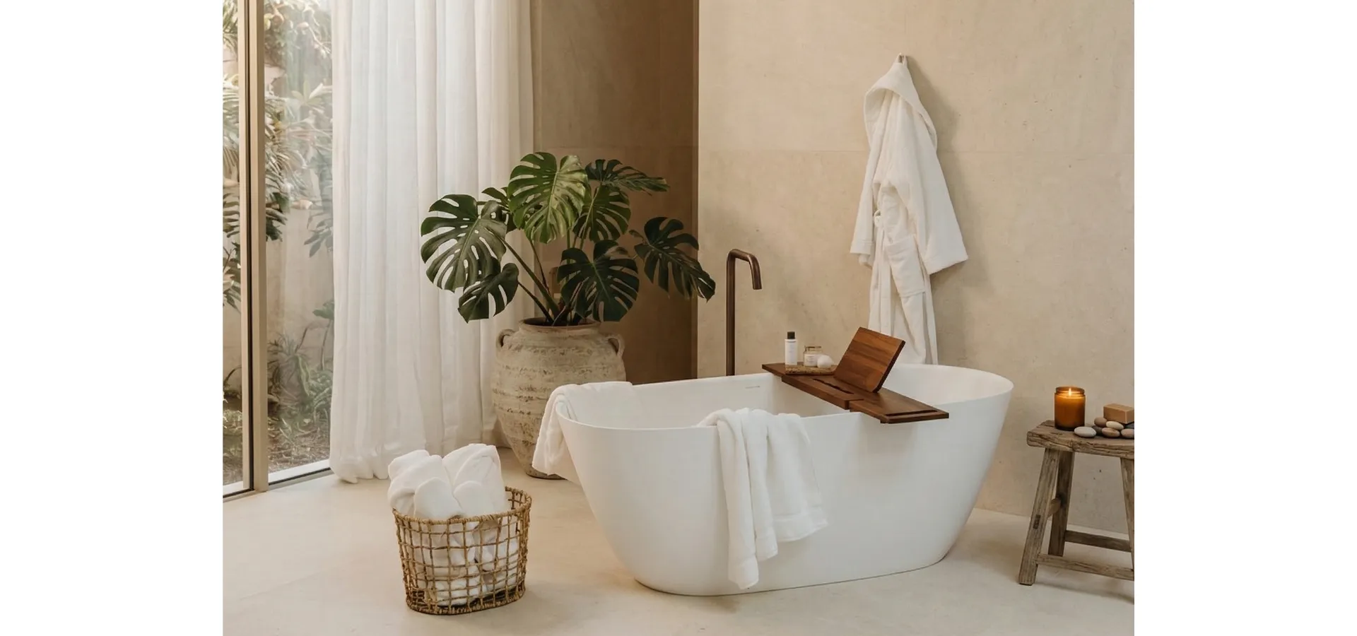 Banheira de imersão freestanding Doka modelo Lussari em acabamento Matt White, posicionada em sala de banho de alto padrão com paleta terrosa em tons de areia e bege. Ambiente com piso claro, parede de revestimento natural, janela ampla com cortina branca e luz natural. Composição decorativa com planta monstera em vaso de cerâmica, bandeja de madeira sobre a banheira, cesta de palha com toalhas enroladas e banco rústico com velas ao lado.