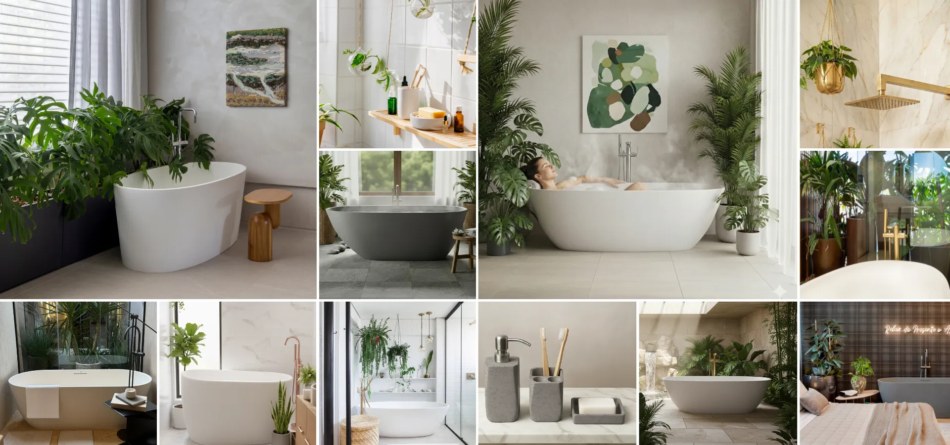 Mosaico de ambientes de banho com design biofílico, destacando banheiras de imersão Doka em diferentes modelos e acabamentos, cercadas por plantas naturais, iluminação suave e materiais orgânicos. As cenas incluem metais em tons dourados e escuros, acessórios minimalistas em pedra e madeira, e composições que reforçam bem-estar, conexão com a natureza e estética contemporânea.
